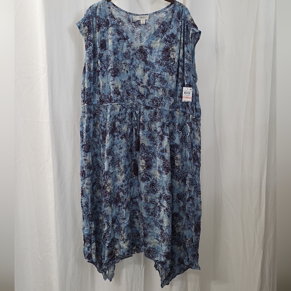0x 1x 2x Style Co Blue Purple Abstract Tie Waist Gauze Floral Handkerchief Dress
